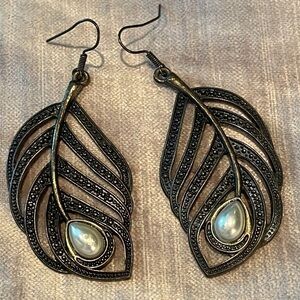 Palm Leaf Pearl Earrings Vintage Metal Dangle French Hook